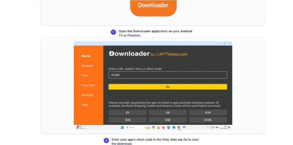 Downloader: Codefeld und Go-Schaltfläche